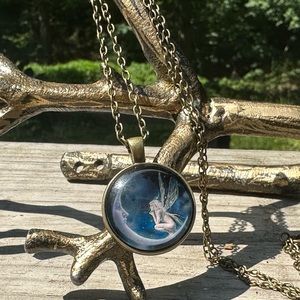 NWT - Whimsical Bronze Domed Colored Glass Moon & Fairy Necklace Renaissance